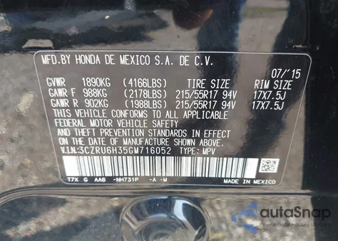 2016 Honda Hr-V Lx из США, поврежденный, VIN 3CZRU6H35GM716052